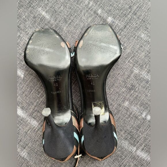 Prada Blue, Black, and Brown Grosgrain Striped Ankle Strap Heels with Bow Sz 40 - Picture 7 of 16